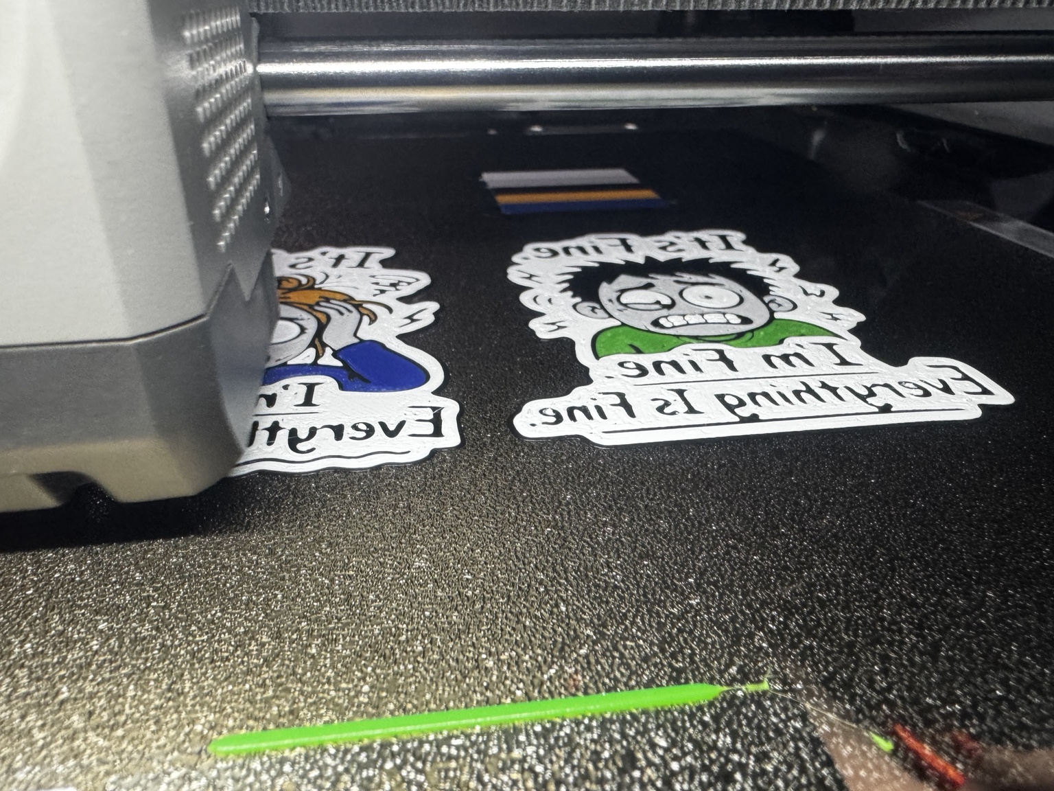 Multicolour prints with clean white lettering and flat edges on the washed textured PEI plate.